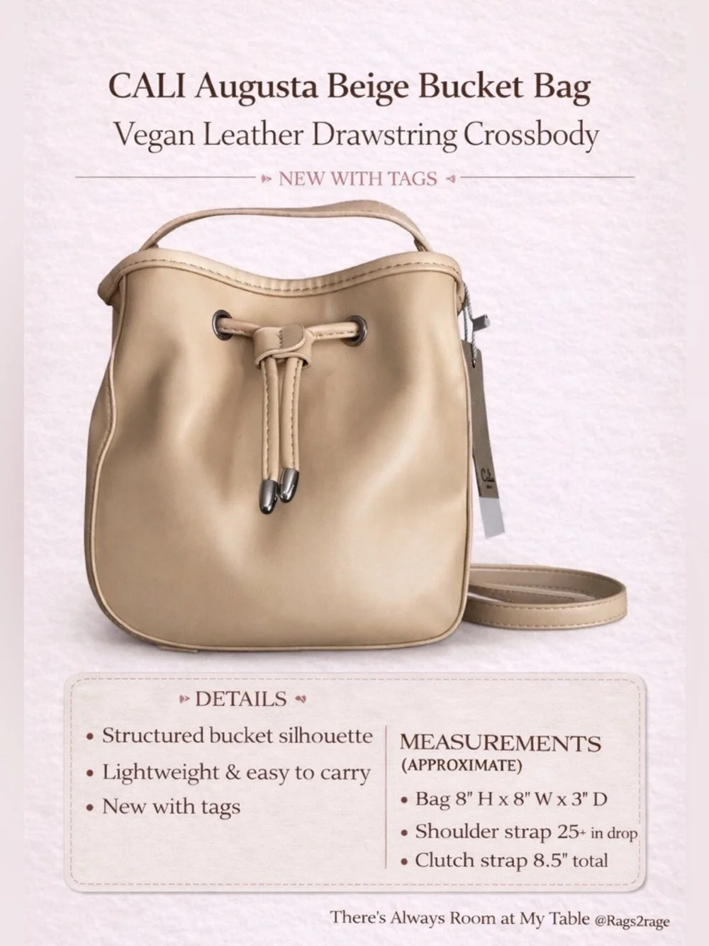 A. Calin Augusta Beige Vegan Leather Bucket Crossbody Bag NWT